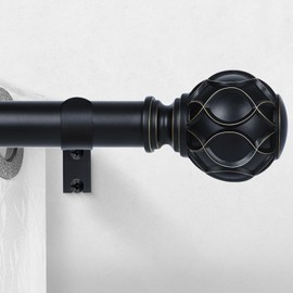HTZON Black Curtain Rods for Windows:Farmhouse Boho Decorative Curtain Rod for Bedroom Living Room,Heavy Duty Adjustable Rustic Drapery Rods Set with Vintage Coastal Texture Finial,Matte Black 66-120"