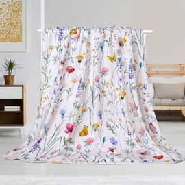 Volatumy Watercolor Floral Throw Blanket Colorful Wildflower Blanket Botanical Plant Leaf Bed Blanket Flower Butterfly Print Blanket Flannel Fleece Throw Blanket for Couch “50x60”