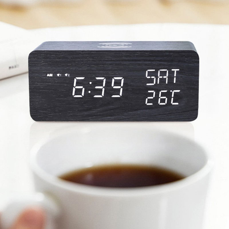 Wooden Digital Alarm Clock with Wireless Charging Black Adjustable Brightness