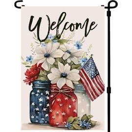 LILINMZ Garden Flags 4th of July Floral, 12x18 Inch Double Sided For Outside Patriotic Mason Jar Flowers Red Blue Memorial Day Independence Small Burlap Day Holiday Outside Decorations