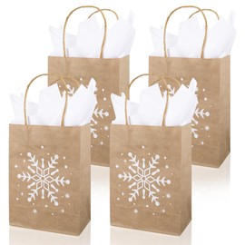 JarThenaAMCS 30Pcs Winter Kraft Paper Bags with 40 Sheets Tissue Paper Brown White Snowflake Candy Treat Bags with Handles for Christmas Party Favors Supplies