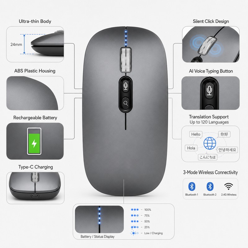Smart AI Voice Typing 3-Mode Wireless Mouse Supports 120 Languages