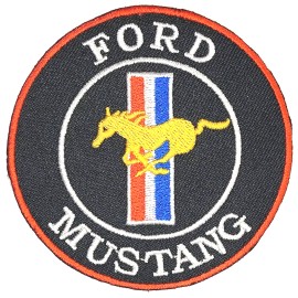 FORD MUSTANG Iron On Embroidered Patch 3" BLACK & WHITE RED TRIM