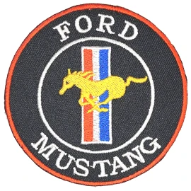 FORD MUSTANG Iron On Embroidered Patch 3" BLACK & WHITE RED TRIM