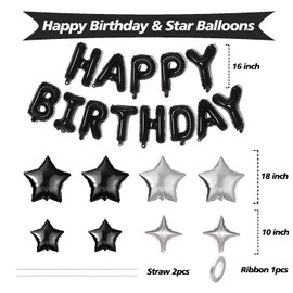 Happy Birthday Banner Happy Birthday Balloons 16 Inch Happy Birthday Sign Letter Balloons 8pcs 3D Star Balloons for kids Adults Happy Birthday Foil Balloons Birthday Party Decoration (Black)