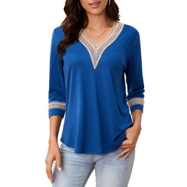 Camisas de manga 3/4 para mujer, estilo informal, con cuello en V, con diseño de guipur, Azul oscuro, L
