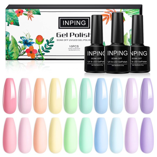 INPING Pastel Gel Nail Polish, 10 Color Spring Summer Nail Polishes Set Candy Macaroon Collection Required Soak Off UV/LED Lamp for Starter DIY Nail Art Salon Manicure Kit