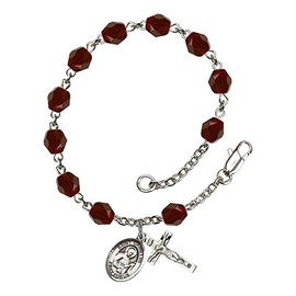 St. Camillus of Lellis Silver Plate Rosary Bracelet 6mm January Red Fire Polished Beads Crucifix Size 5/8 x 1/4 medal charm