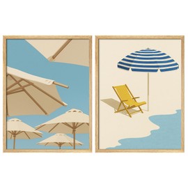 SIGNWIN Framed Set Beach Umbrella and Chair Minimal Coastal Summer Illustrations Modern Art Decorative Farmhouse/Country Cozy Colorful for Bedroom - 11"x14"x 2 Natural