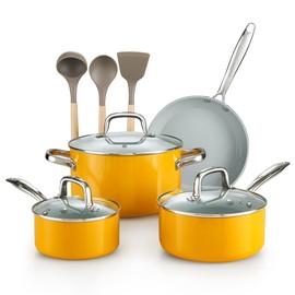 Cook N Home Pots and Pans Set Non Stick, 10-Piece Hard Anodized Nonstick Ceramic Cookware Set, Induction Cookware Cooking Set with Stay-Cool Handles, Nylon Kitchen Utensils, Yellow