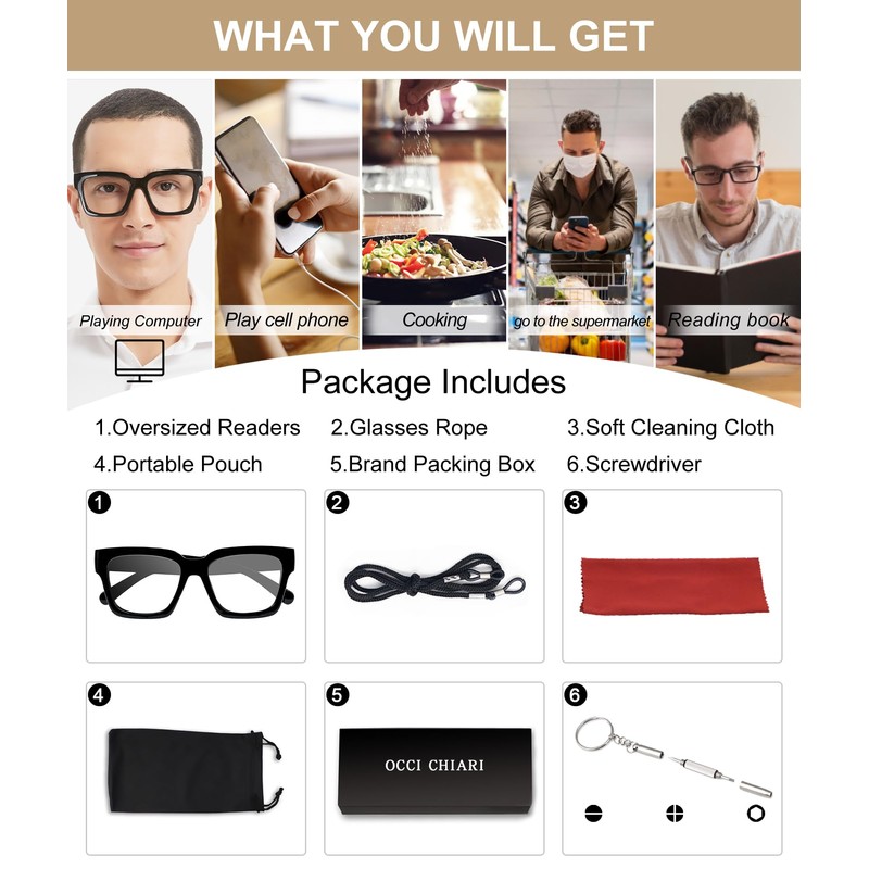 OCCI CHIARI Oversized Reading Glasses for Men 2.5 Thick Square