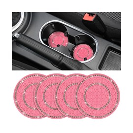 Sandfren Bling Car Cup Holder Coaster, 4PCS Silicone Crystal Rhinestone Anti Slip Vehicle Drink Mat, Soft Automotive Interior Water Bottle Pad Accessories, Universal for SUV Truck (Pink/White)