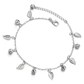 COOLSTEELANDBEYOND Unique Link Chain Anklet Bracelet with Dangling Charms of Leaves and Jingle Bells, Adjustable