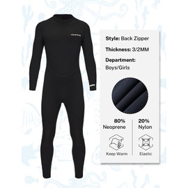 Aunua Kids Wetsuit for Youth Boys Girls, 3/2mm Full Wetsuit for Swimming, Surfing(CA7032BLACK-4)