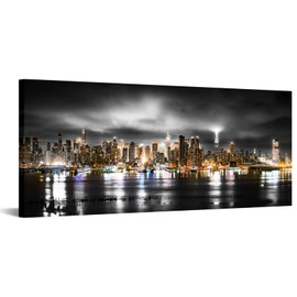 RyounoArt Large New York City Canvas Art NYC Skyline Painting Picture Manhattan Night Poster Artwork for Home Living Room 20x48 Inch