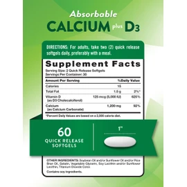 Nature's Truth Calcium 1200mg with Vitamin D3 5000 IU | 60 Softgels | from Calcium Carbonate | Non-GMO & Gluten Free Supplement