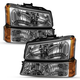 SOCKIR 4pcs Halogen Headlight Assembly for 2003-2006 Chevy Silverado 1500 2500 HD 3500 / Avalanche, 2007 Silverado Classic w/Bumper Lights Smoke Lens