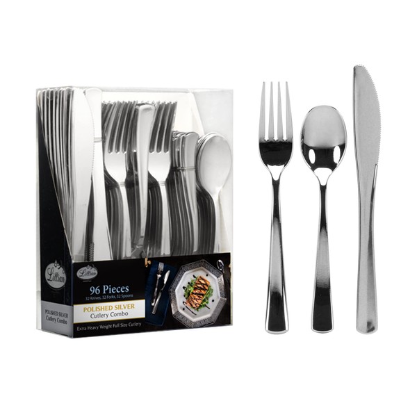KingZak Premium Polished Plastic Cutleries, Full size,96 Pcs, Silver