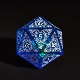 Cusdie Single D20 DND Dice with Sharp Edges and Glitter Foil Inclusions, 20 Sided D&D Dice, 33mm Handcrafted Polyhedral Dice, for Role Playing Game MTG Pathfinder (Blue w/White Pattern)