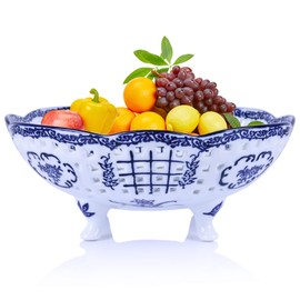 LINYTHER Ceramic Fruit Bowl With Holes, Blue And White Porcelain Footed Bowl Fruit Plate Ceramic Candy Fruit Container, Chinoiserie Decorative Bowls Decor For Kitchen Counter Table Centerpieces