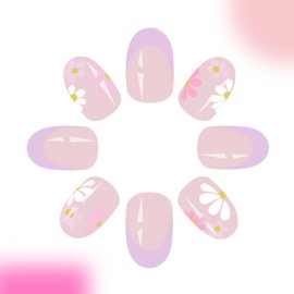 Summer Press on Nails Short Oval Fake Nails with Flower Designs Purple French Tip Nails Press ons Glossy Glue on Nails Nude Acrylic Nails Transparent False Nails Cute Stick on Nails for Women 24Pcs