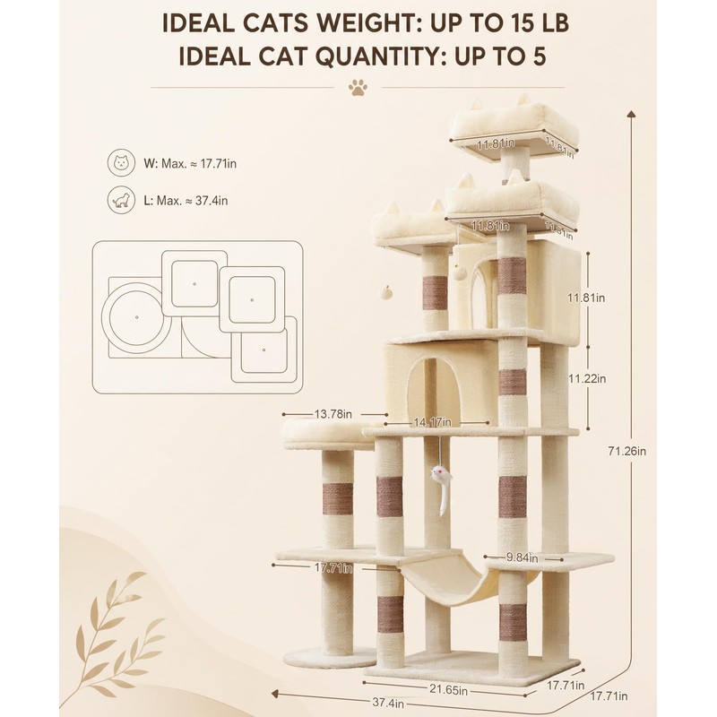 LIKISAK Cat Tower, 71 Inch Heavy Duty Cat Tree for