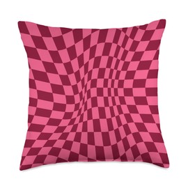 Pink and Red Twisted Checkered Trippy Swirl Checkerboard Throw Pillow