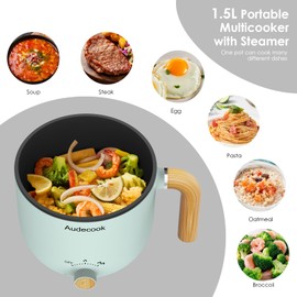 Audecook Hot Pot Electric with Steamer, 1.5L Portable Nonstick Mini Multicooker, Travel Electric Skillet with Dual Power Control for Pasta/Soup/Steak/Egg/Oatmeal (Green)