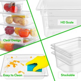 6 Pack 1/2 Size 4'' Deep Clear Food Pans with Lids, Commercial Food Pans Polycarbonate Transparent Food Storage Containers, Stackable Plastic Pan with Capacity Scale, Restaurant Supplies Hotel Pan