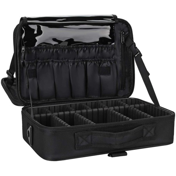 MONSTINA Travel Makeup Train Case,13.8 inches Large Cosmetic Case,Makeup Brush Holder Organizer and Storage with Adjustable Dividers and Shoulder Strap (Black)