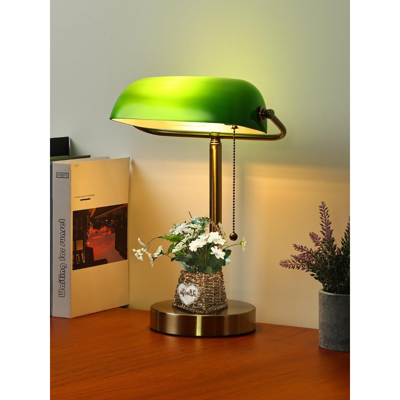 Newrays Traditional Green Glass Bankers Desk Lamp with Pull Chain