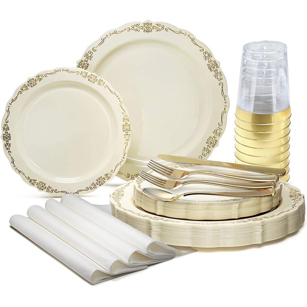 " OCCASIONS " 200 Piece set (25 Guests)-Vintage Wedding Party Disposable Plastic Plates & cutlery -25 x 10'' + 25 x 7.5'' + Silverware + Cups + Napkins (Verona Ivory & Gold Rim)
