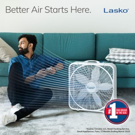 Lasko Weather-Shield Performance Box Fan, 3 Speeds, Innovative Wind Ring System for Up to 30% More Air, Carry Handle for Bedroom, Office, Home, 20 Inch, White, 3720