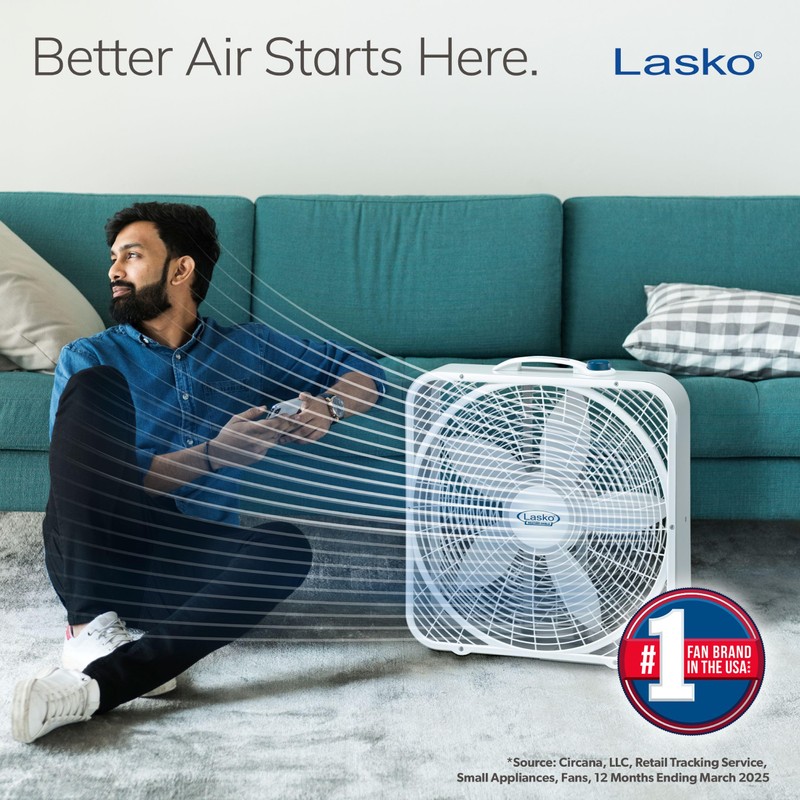 Lasko Weather-Shield Performance Box Fan, 3 Speeds, Innovative Wind Ring