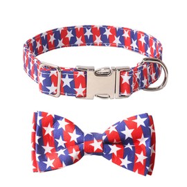 Bnibol 4th of July American Flag Dog Collar, Red Blue Bow Tie Dog Collar with Metal Adjustable Buckle,Soft and Comfortable Independence Day Dog Collars for Small Medium Large Dogs. (Red, S)