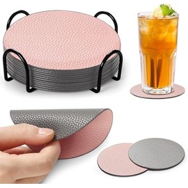 Untersetzer Gläser 12er Set, Doppelseitigen Untersetzer aus Kunstlede Leder mit Halter, rutschfest, Schützt Oberflächen vor Flecken und Kratzern, Ideal für Getränke, Vasen und Flaschen