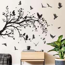 WOYINIS Black Tree Branch Flying Birds Wall Decal 50" × 30" DIY Birds Leaves Wall Stickers Peel & Stick Removable Vinyl Wall Art Decals for Living Room Bedroom TV Background Wall Decor