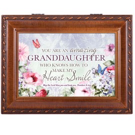 Cottage Garden Granddaughter My Heart Smile Woodgrain Rope Trim Music Box Plays Amazing Grace