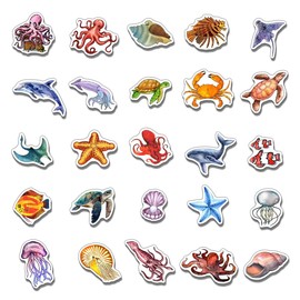Pack 50 Pcs Cute Ocean Animal Stickers for Water Bottles Waterproof Laptop Luggage Cups Computer Scrapbooking Teens Adults Girls Boys Aesthetic Sticker Packs Small Vinyl Decals