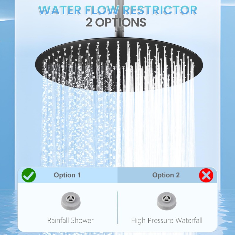 KINLIV 16 inch Matte Black Round Ceiling Rainfall Shower Head,