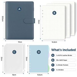SKYDYE A5 Ring Binder, A5 Refillable, 135 Sheets A5 Refill Paper, Notebook A5 with Binder Pockets, A5 Binder for School Notes and Travel Journals (Blue)