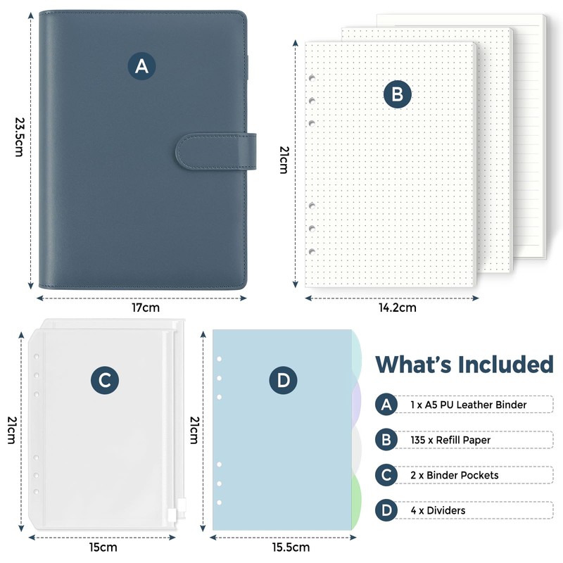 SKYDYE A5 Ring Binder, A5 Refillable, 135 Sheets A5 Refill