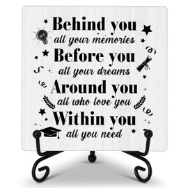 Inspirational Quote Graduation Desk Decor, Behind You All Your Memories, Grad Wooden Plaque Sign With Iron Stand, Motivational Graduation Gifts for Daughter, Son, Him, Her -02
