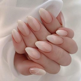 Press on Nails - Short Long Almond Square Ballet Shape, Fake Nails with Glue, Designs for Women, 24 Pcs (Nude Gradient)