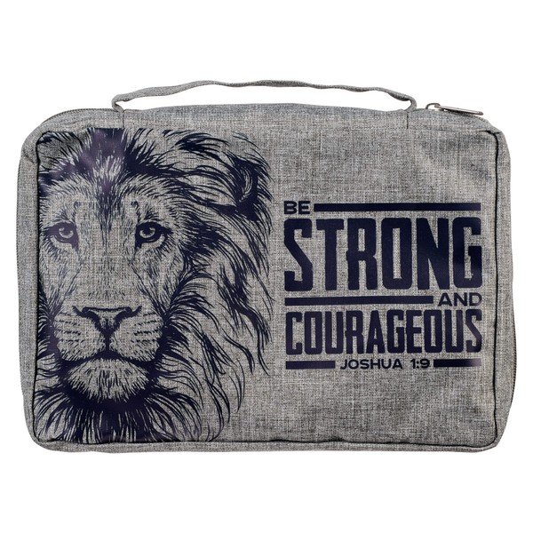 Christian Art Gifts Value Poly-canvas Bible Cover for Men & Women: Strong & Courageous Bold Lion - Joshua 1:9 Inspirational Scripture w/Pocket, Sleeves, Pen Loops to Organize Accessories, Gray, Medium