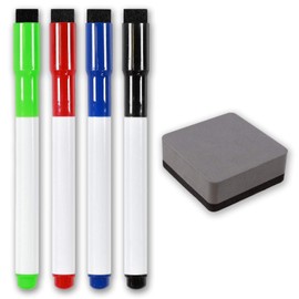 TMS Magnetic Whiteboard Marker, Dry Wipe Pens and Magnetic Eraser for Home, Office and School | Works great with our Magnetic Weekly Planners (Standard Colour/Grey Eraser, 4 Pack + 1)