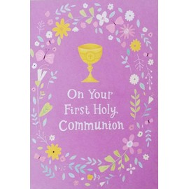 Greeting Card On Your First Holy Communion Asking God To Bless You in a Special Way As You Remember The Love of Christ (Purple Flowers and Butterflies)