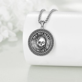 JERWLI Memento Mori Necklace S925 Sterling Silver Memento Mori Skull Pendant Skull Coin Necklaces Gothic Jewellery for Men Women Ladies Christmas Gift, Sterling Silver, No Gemstone