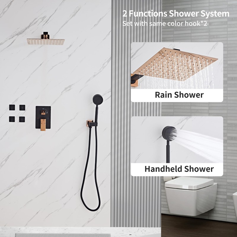 Black Gold Rainfall Shower Head, Wall Mounted 10 Inch Shower