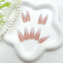 Ombre Press on Nails Long Almond Fake Nails Extra Long Acrylic Nails Glossy Glue on Nails Pink White Gradient False Nails with French Designs Artificial Stick on Nails for Women Girls 24Pcs